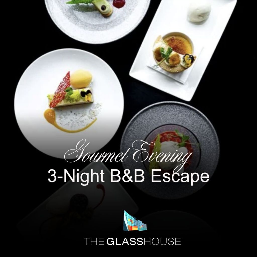 An elegant display of gourmet desserts on stylish plates, featuring colorful garnishes and artistic presentations, promoting a 3-night bed and breakfast escape at The Glasshouse.