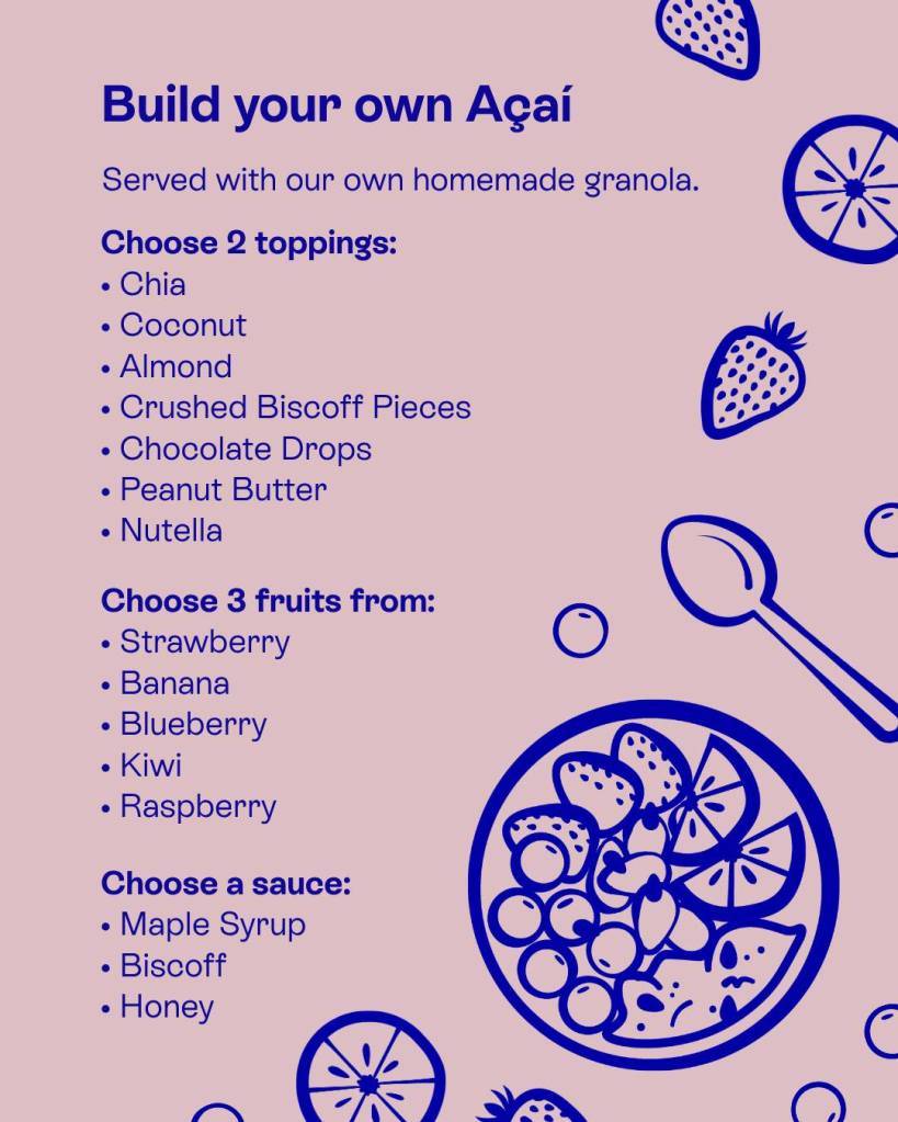 Menu for building a personalized Açaí bowl featuring various toppings, fruits, and sauces with a graphic design of fruits and a spoon.