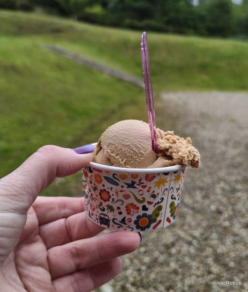 A hand holds a cup of light brown ice cream with a purple spoon, featuring a colorful patterned design on the cup, set against a blurred green background.