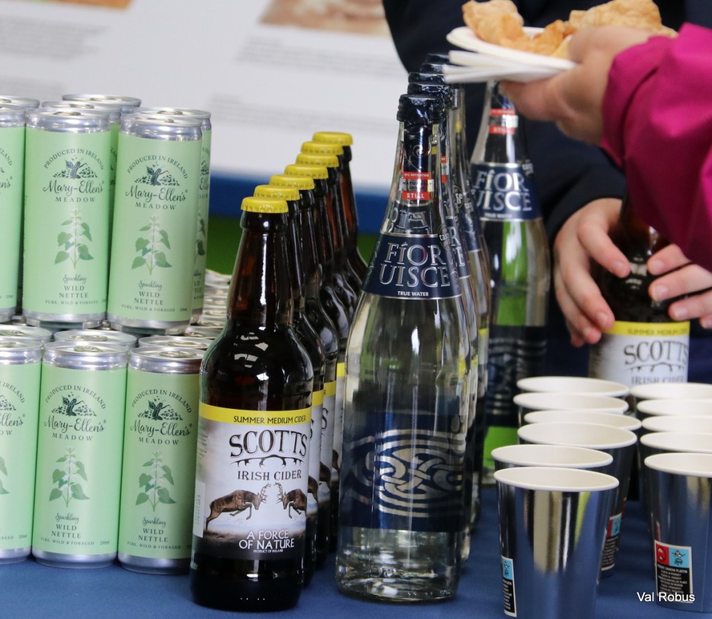 A display of various beverages including cans of Mary-Ellen's Meadow Wild Nettle, bottles of Scott's Irish Cider, and Fiore Uisce True Water on a table, with a hand reaching for a plate of snacks.