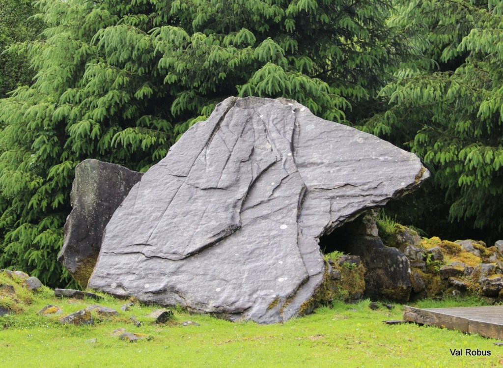 A large, flat rock with unique textures and markings, surrounded by lush green foliage and grass.