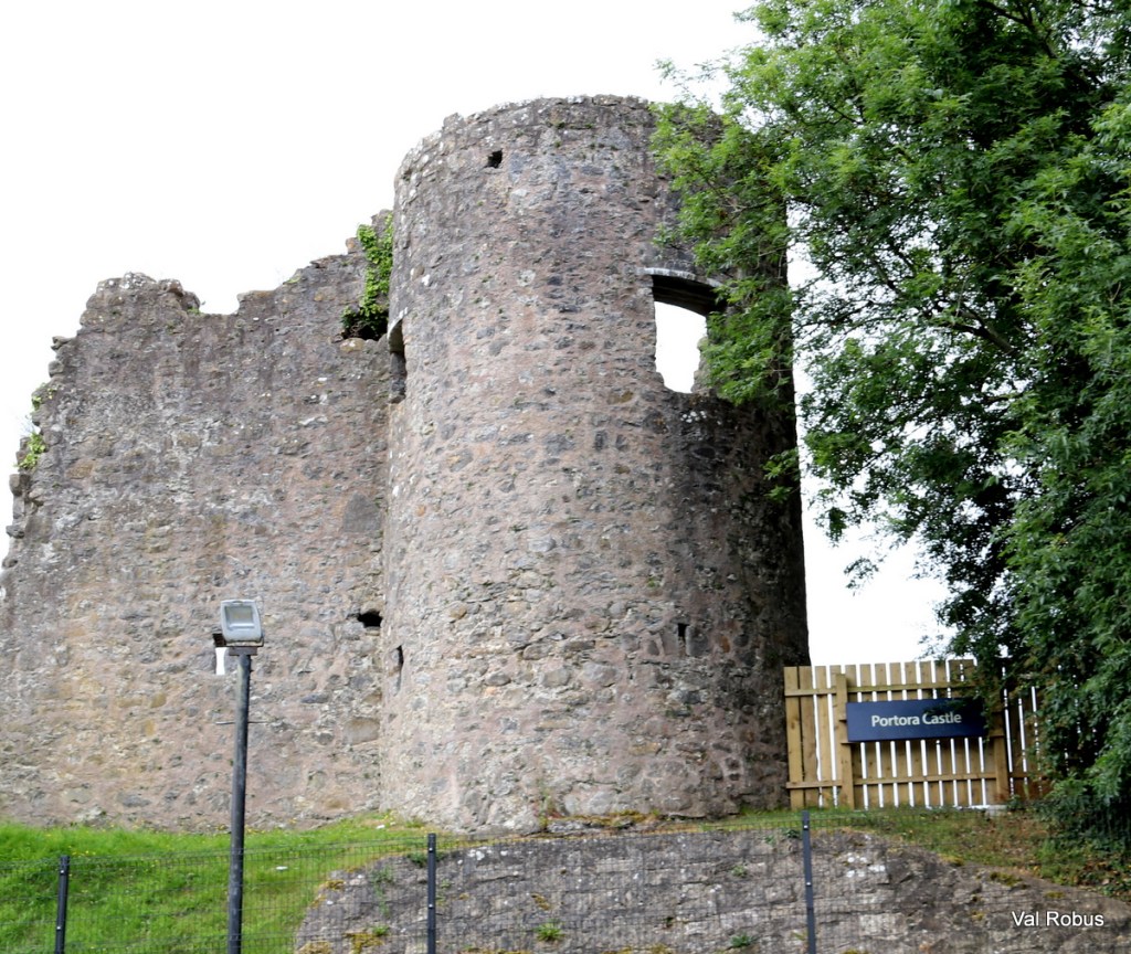 Ruins of Portora Castle with a sign indicating its name, surrounded by greenery.